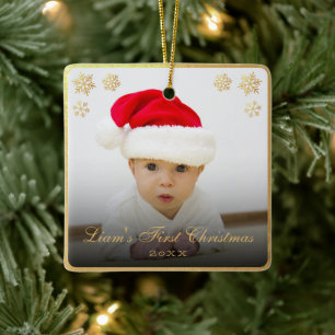 Ornamento De Cerâmica Primeira Foto de Bebê de Natal Elegante Folha Dour