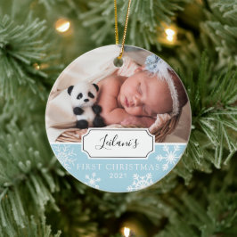 Ornamento De Cerâmica Primeira Foto de Bebê no Natal Azul