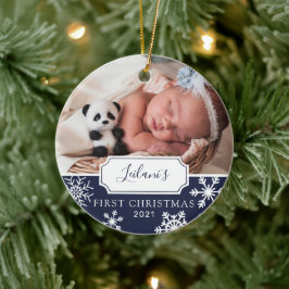 Ornamento De Cerâmica Primeira Foto de Bebê no Natal Azul Marinho