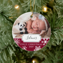 Ornamento De Cerâmica Primeira Foto de Bebê no Natal Borgonha