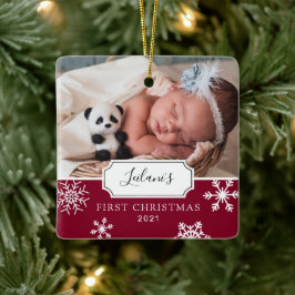 Ornamento De Cerâmica Primeira Foto de Bebê no Natal Neve Borgonha