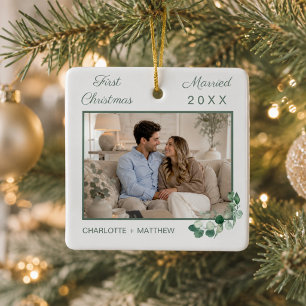 Ornamento De Cerâmica Primeira foto de Natal casados com verde claro