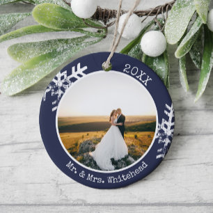 Ornamento De Cerâmica Primeira Foto de Natal Casados Elegante Azul Marin