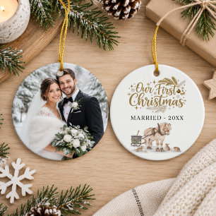 Ornamento De Cerâmica Primeira Foto de Natal Casados Inverno Cavalo