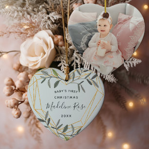 Ornamento De Cerâmica Primeira Foto de Natal de Laurel Leaf Baby