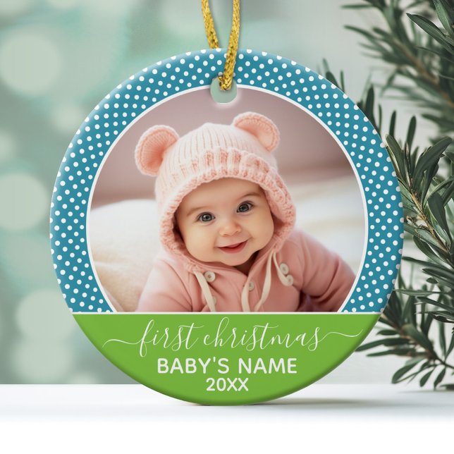 Ornamento De Cerâmica Primeira foto de Natal do bebê - Limão azul (Personalized Photo Ornament - Baby's First Christmas)
