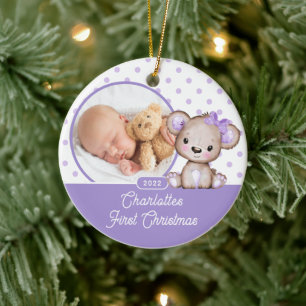 Ornamento De Cerâmica Primeira Foto de Natal do Bebê Roxo