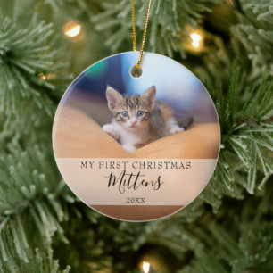 Ornamento De Cerâmica Primeira Foto de Natal do Gato Cachorro Pet com Le