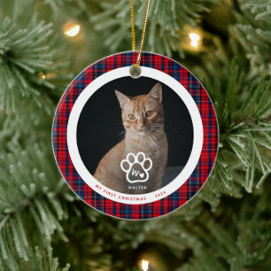 Ornamento De Cerâmica Primeira Foto de Natal do Gato Monograma Xadrez
