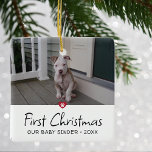 Ornamento De Cerâmica Primeira Foto de Natal dos Puppies<br><div class="desc">Puppies Primeiro ornamento de Natal. O design mostra a sua foto favorita,  a impressão decorativa da pata de sotaque com o coração partido em letras vermelhas e brancas.</div>