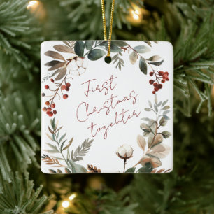 Ornamento De Cerâmica Primeira foto de Natal juntos com coroa elegante