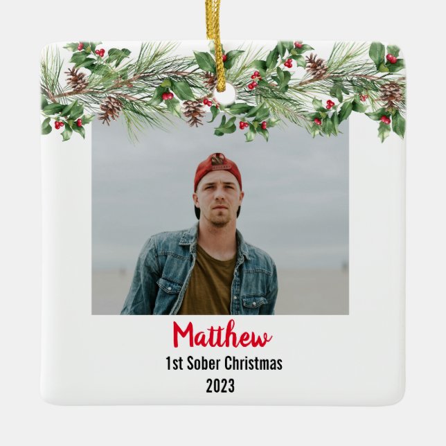 Ornamento De Cerâmica Primeira Foto Mínima de Natal Sober (Frente)