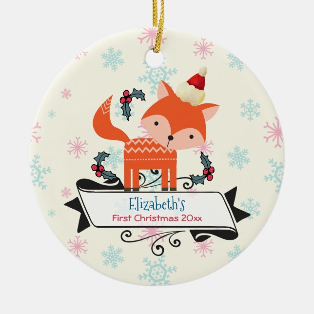 Ornamento De Cerâmica Primeira Fox Laranja De Natal Personalizada Em San (Frente)