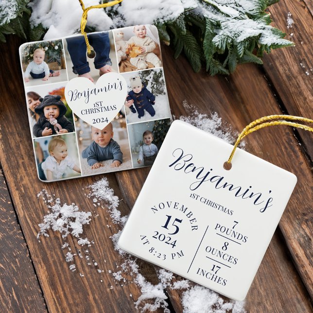 Ornamento De Cerâmica Primeira Galeria de Fotografias de Natal - Stats K (First Christmas Photo Gallery Birth Stats Keepsake Ceramic Ornament)