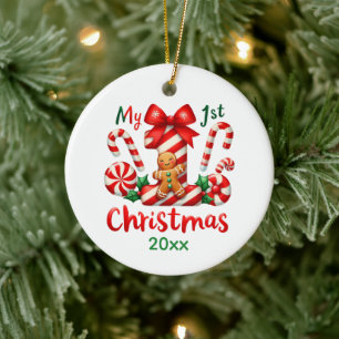 Ornamento De Cerâmica primeira mensagem de ano de adição de natal do beb