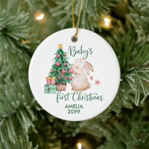 Ornamento De Cerâmica Primeira Ornação Coelhinha de Natal Personalizada 