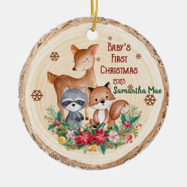 Ornamento De Cerâmica Primeira Ornação de Animais de Natal do Bebê (Frente)