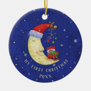 Ornamento De Cerâmica Primeira Papais noeis de Natal Lua c/ Bebê Monogr