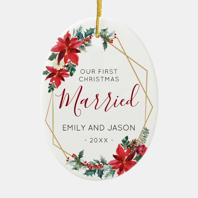Ornamento De Cerâmica Primeira poinsétia vermelha casada de Chrismas (Frente)
