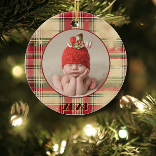 Ornamento De Cerâmica Primeira Vintagem de Natal do Bebê Foto de Xadrez