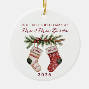 Ornamento De Cerâmica Primeiras Meias de Natal em Aquarela Casados