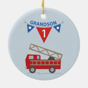 Ornamento De Cerâmica primeiro aniversario Grandson, Firecaminhão