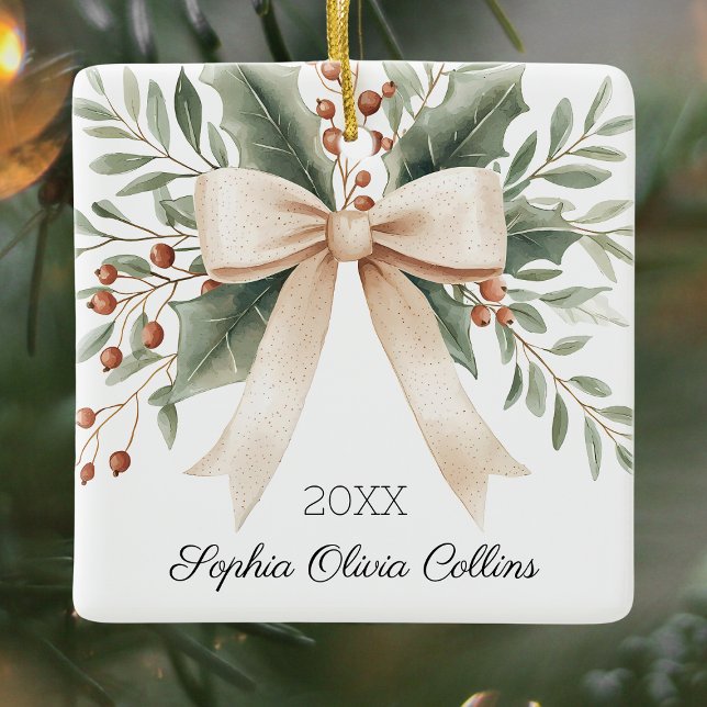 Ornamento De Cerâmica Primeiro Arco de Aquarela de Natal da Rústica Avô (Rustic Grandchild's First Christmas Watercolor Bow and Leaves Xmas Ceramic Ornament)