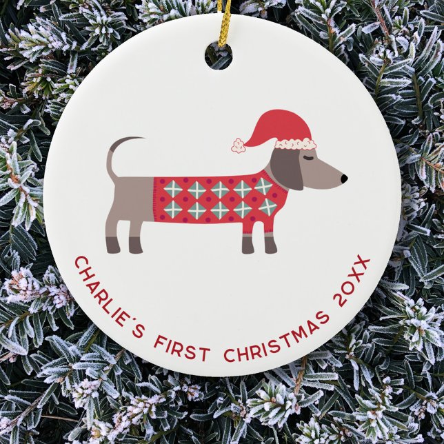Ornamento De Cerâmica Primeiro Cão de Dachshund de Natal Personalizado (Dachshund dog personalized name first 1st Christmas ceramic ornament)