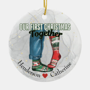 Ornamento De Cerâmica Primeiro Casal de Natal Juntos nas Meias