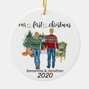 Ornamento De Cerâmica Primeiro Casal de Natal Loira Recém-Casados