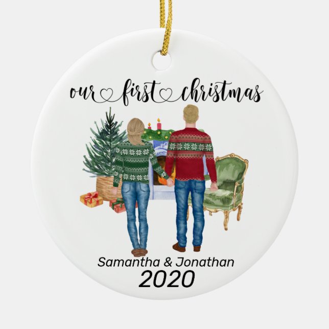 Ornamento De Cerâmica Primeiro Casal de Natal Loira Recém-Casados (Frente)