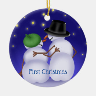 Ornamento De Cerâmica Primeiro Casal de Neve de Natal Personalizado
