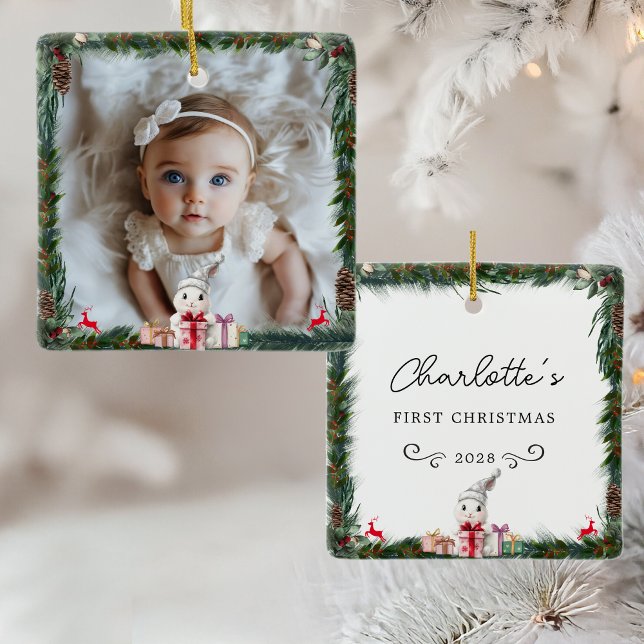 Ornamento De Cerâmica Primeiro Coelho-Foto-Natal do Bebê (Baby's First Christmas–Photo-Rabbit Ceramic Ornament)