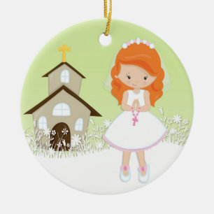Ornamento De Cerâmica Primeiro comunhão, menina de cabelo vermelha,