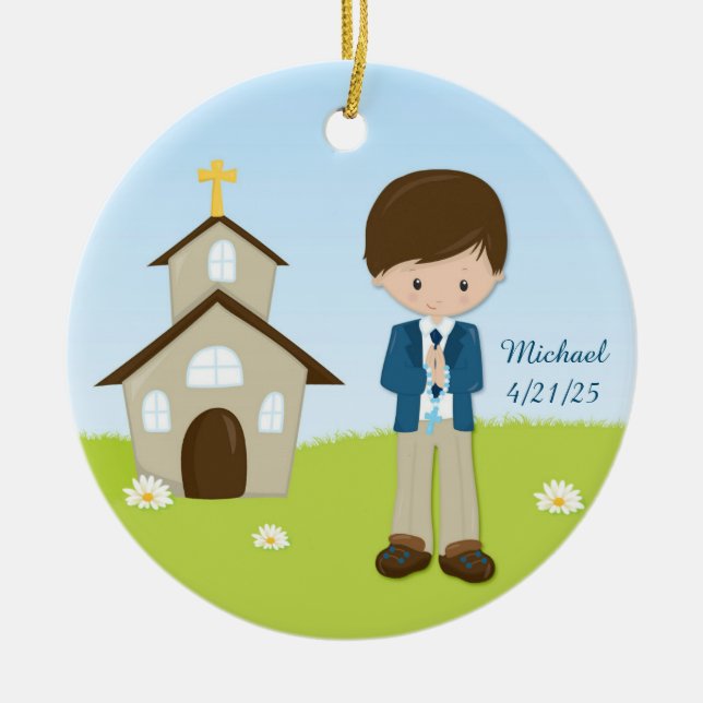 Ornamento De Cerâmica Primeiro comunhão, menino triguenho (Frente)