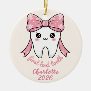 Ornamento De Cerâmica Primeiro Dente de Bebê Laço Rosa Kawaii Milestone