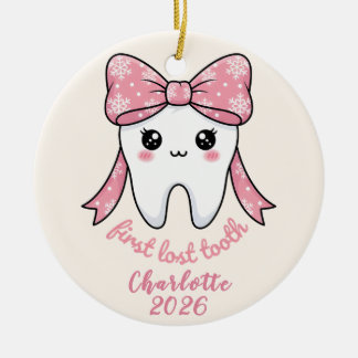 Ornamento De Cerâmica Primeiro Dente de Bebê Laço Rosa Kawaii Milestone