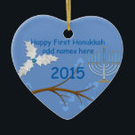 Ornamento De Cerâmica Primeiro Hanukkah feliz Ornament junto o costume<br><div class="desc">As penas e Menorah fazem a este ornamento um presente muito especial por um feriado onde você estima</div>