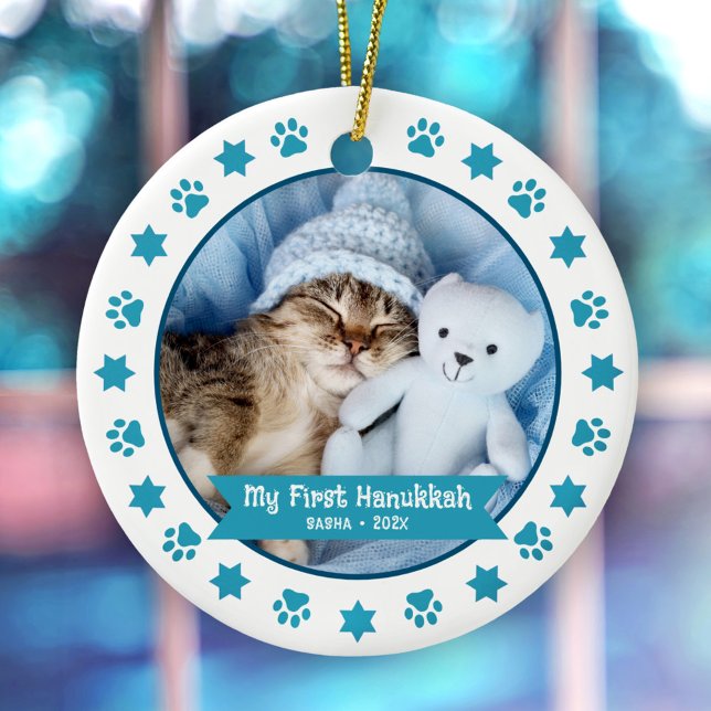 Ornamento De Cerâmica Primeiro Hanukkah Pet Kitten Foto Turquoise Paw Cu (Criador carregado)