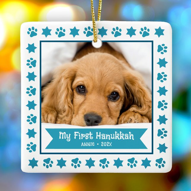 Ornamento De Cerâmica Primeiro Hanukkah Pet Puppy Foto Turquoise Paws Bo (Criador carregado)