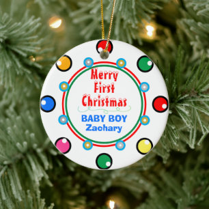 Ornamento De Cerâmica Primeiro Menino Natal Vermelho Verde Azul