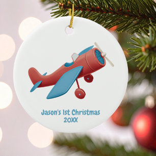 Ornamento De Cerâmica Primeiro Natal Avião Antigo Vermelho Azul Piloto M