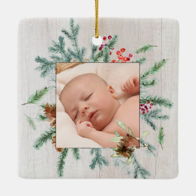 Ornamento De Cerâmica Primeiro Natal Avós de inverno Foto verde de inver (Verso)