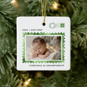 Ornamento De Cerâmica Primeiro Natal Avós Postagem Verde Foto