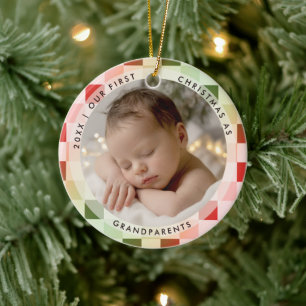 Ornamento De Cerâmica Primeiro Natal Avós Retro Xadrez Foto