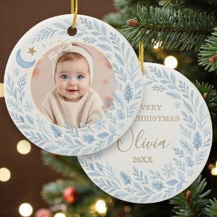Ornamento De Cerâmica Primeiro Natal Bebê Celestial Foto Azul Fofo