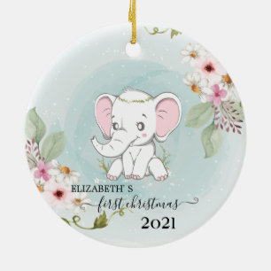 Ornamento De Cerâmica Primeiro Natal Bebê Elefante Flores Feriado