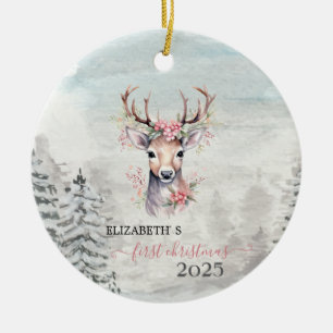 Ornamento De Cerâmica Primeiro Natal Bebê Rena da Folha de Azevinho