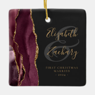Ornamento De Cerâmica Primeiro Natal Casado Burgundy Ágata Dourado Scrip
