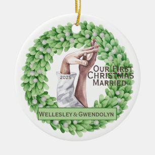 Ornamento De Cerâmica Primeiro Natal Casado com Eucalyptus Ornament